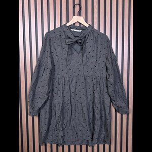 Zara Shirt Dress Small Womens Gray Polka Dot Long Sleeve Tiered Bow Tie